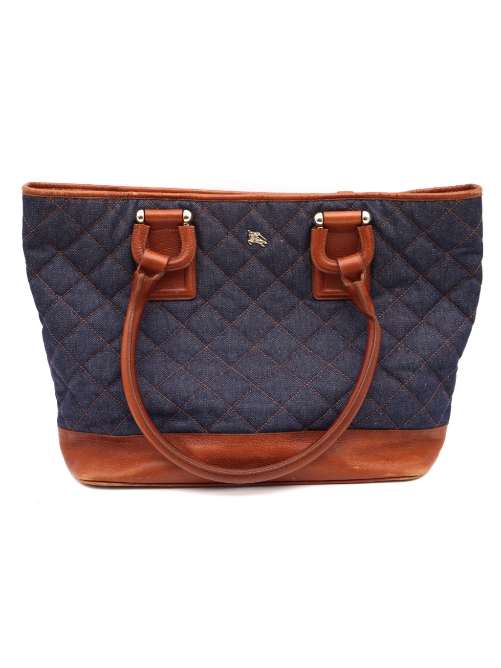 Burberry Navy Quilted Denim Tote With Brown Leather Trim